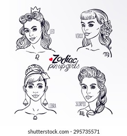 set of four zodiac signs as a girls in the pin-up style. Hand-drawn illustration