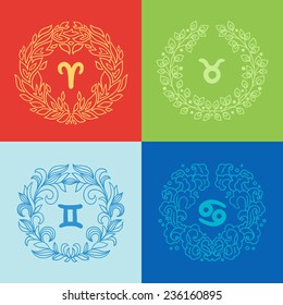 Set of four zodiac signs in outlined wreathes. Fire, Earth, Water, Air elements. Aries (The Ram), Taurus (The Bull), Gemini (The Twins), Cancer (The Crab). Perfect for calendars, horoscopes 