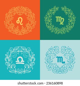 Set of four zodiac signs in outlined wreathes. Fire, Earth, Water, Air elements. Leo (The Lion), Virgo (The Maiden), Libra (The Scales), Scorpio (The Scorpion). Perfect for calendars, horoscopes 