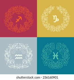 Set of four zodiac signs in outlined wreathes. Fire, Earth, Water, Air elements. Sagittarius (The Archer), Capricorn (The Sea-Goat), Aquarius (The Water-Bearer), Pisces (The Fish). Vector illustration