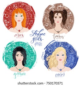 Set of four zodiacs- Aries, Taurus, Gemini and Cancer in images of beauty girls. Vector illustration for column Horoscope includes modern hand drawn lettering and dates