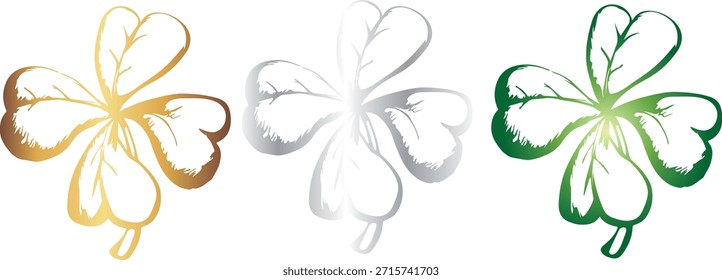 conjunto de trevos de quatro folhas com diferentes gradientes no estilo de esboço, para desenhos de férias, convites, panfletos ou quadros decorativos