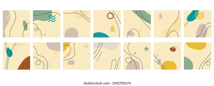 Set of fourteen abstract isolated backgrounds. Hand drawn various shapes and doodle objects. Modern contemporary trendy vector illustration. Delicate pastel colors. Stock illustration. Copy space