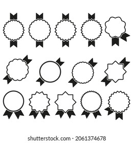 A set of fourteen black and white starburst icons with ribbons, a black sunbeam on a white background, an empty sign with an inscription, vector graphics