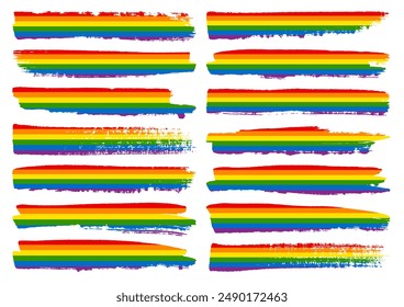 Set fourteen brushstrokes rainbow stripes scratches