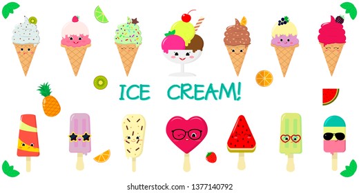 A set of fourteen cute kawaii character smile ice cream, in a waffle cup and on a stick, juicy fruits and berries on a white background and text. Flat style vector illustration.