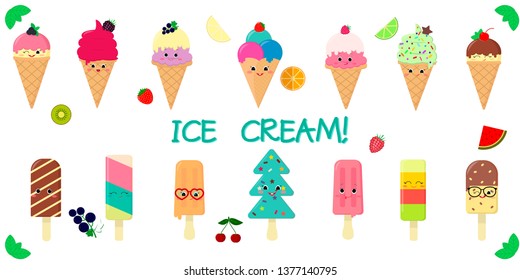 A set of fourteen cute kawaii character smile ice cream, in a waffle cup and on a stick, juicy fruits and berries on a white background and text. Flat style vector illustration.