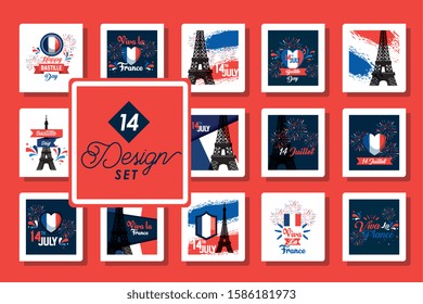 set fourteen designs of happy bastille day vector illustration design