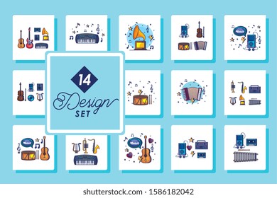 set fourteen designs of music instruments and icons vector illustration design