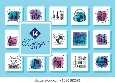 set fourteen designs of music instruments and icons vector illustration design