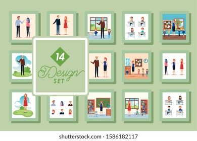 set of fourteen designs with teachers and students vector illustration design