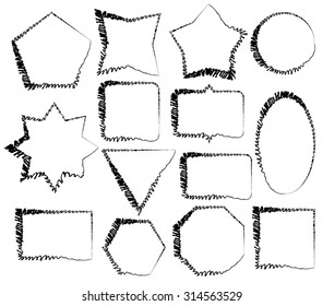 A set of fourteen different shapes (triangle, arch, square, circle, oval, star, etc.), made in the form of a pen sketch.