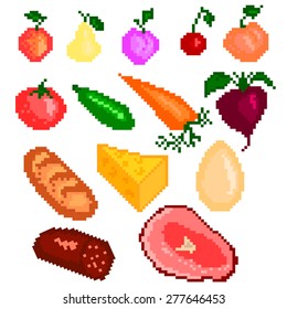 Set of fourteen elements on the theme of food with vegetables, fruits, meat products. Vector illustration