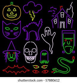 Set of fourteen Halloween icons in neon style