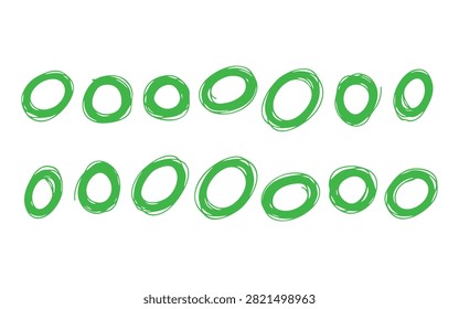 Set of fourteen hand-drawn green scribble circles on white background