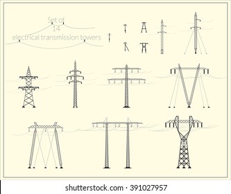 Set of fourteen high voltage power lines / Set of fourteen electric power transmission tower (black silhouette) 