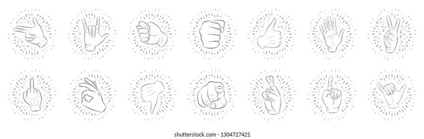 A set of fourteen logos of different hand gestures. In linear rays. Hand drawn, sketch. For your design. Isolated. Black lines, white background. 10 eps