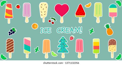 A set of fourteen stickers of various sweet ice cream, with fruit and chocolate flavor on a stick, juicy fruits and berries in a white stroke on a green background and text. Flat style vector