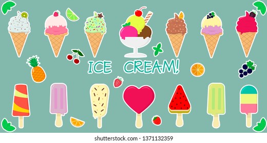 A set of fourteen stickers of various sweet ice cream, in a waffle cup and on a stick, juicy fruits and berries in a white stroke on a green background and text. Flat style vector illustration.