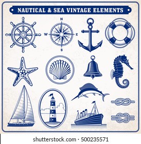 Set of fourteen vintage vector illustration of nautical and sea items. 