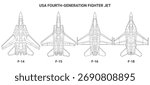 Set of fourth generation USA fighter jet in lineart style from top view. Vector illustrations f14, f16, f15, f18 fighter jet. Landscape design various military 4th-gen combat aircraft from america.