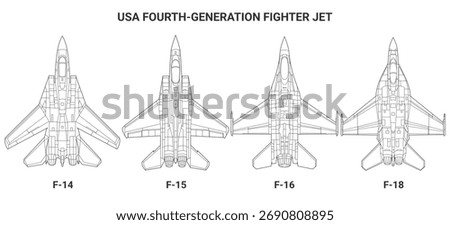 Set of fourth generation USA fighter jet in lineart style from top view. Vector illustrations f14, f16, f15, f18 fighter jet. Landscape design various military 4th-gen combat aircraft from america.