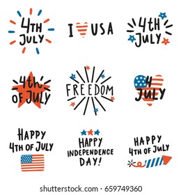 Set of Fourth July badges. Vector hand drawn text and symbols. Can be used for Independence Day decoration