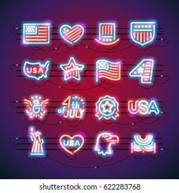 Set of Fourth of July neon signs makes it quick and easy to customize your USA Independence Day project. Used neon vector brushes included.