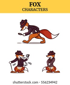 Set of fox animal character. Detective, rich and mystery fox. Vector logo character. 