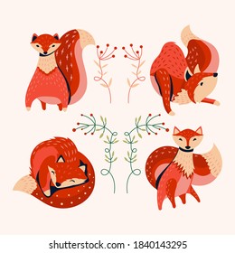 Set of Fox Animal with Foliage Background Vector Illustration