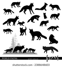 Set of fox animal silhouettes. Vector illustration.