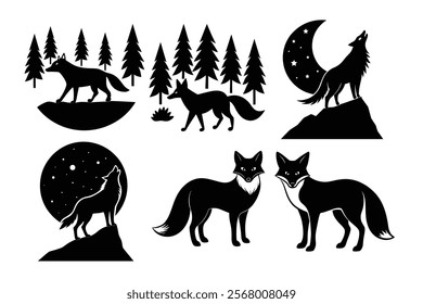 set of fox animals shillouette vector illustration
