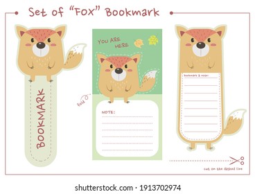 Set of fox bookmark for print and cut. Cute fox bookmark and paper note printable vector design. 