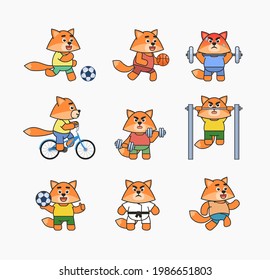 Set of fox characters doing various sports. Cute fox mascot playing football, basketball, riding bike, running and showing other actions. Vector illustration bundle