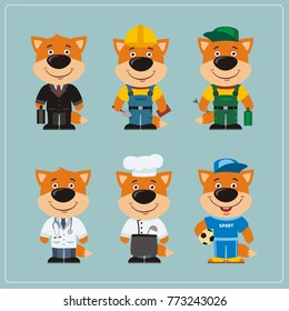 Set of fox in different costumes: builder, sportsman, worker, doctor, manager, cook in cartoon style.