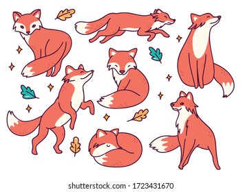 Set of Fox in Different Poses Doodle