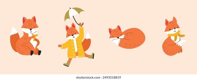 Set with fox in different poses. Fox in fall season with umbrella, with mushroom and in scarf.  Children's vector illustration in the hand drawn style on isolated background. 