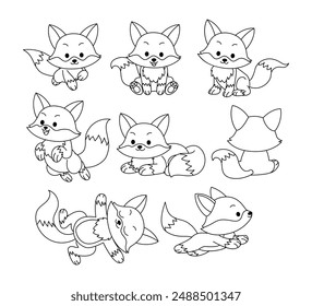 Set of fox doodle collection, fox outline coloring page or book animals for kindergarten, Vector line art set of animals wildlife, Hand drawn, Minimal fox line art doodle in different pose.