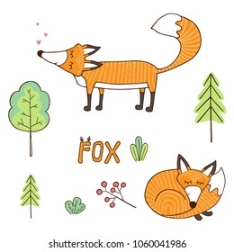 set of fox drawings and nature forest