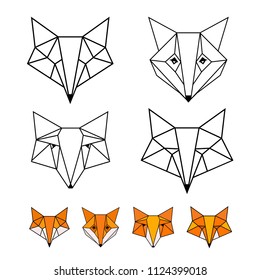 Set of fox geometric shapes. Straight lines and triangles, minimalism design. The idea for a logo, tattoo, poster. Vector illustration. Isolated on white background