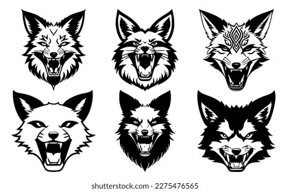 Set of fox heads with open mouth and bared fangs, with different angry expressions of the muzzle. Symbols for tattoo, emblem or logo, isolated on a white background.