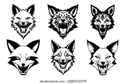 Set of fox heads with open mouth and bared fangs, with different angry expressions of the muzzle. Symbols for tattoo, emblem or logo, isolated on a white background.