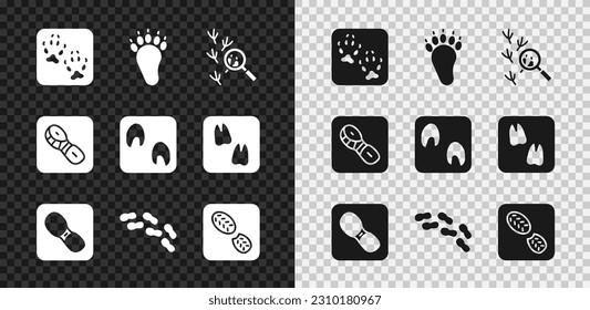 Set Fox paw footprint, Bear, Bird, Human footprints shoes,  and Horse icon. Vector