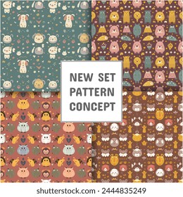 set of fox seamless patterns, Decorative backdrop for wallpaper, textile, wrapping, fabric print.