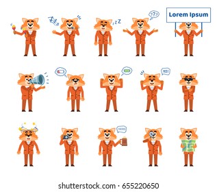 Set of fox in suit characters showing diverse actions, emotions. Cheerful business fox celebrating, sleeping, holding loudspeaker, map, camera and doing other actions. Simple vector illustration