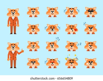 Set of fox in suit emoticons. Fox businessman avatars showing diverse facial expressions. Happy, sad, angry, dazed, crying, surprised, in love and other emotions. Simple vector illustration