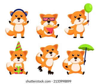 Set of Fox with various  Activity animal cartoon character Graphic design for banner, sticker advertising travel in holiday theme Vector illustration