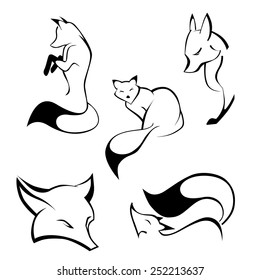 Set of foxes in curve lines. Vector illustration