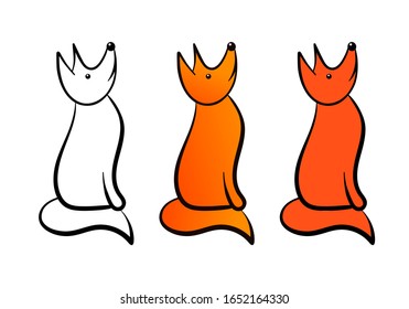 set of foxes. Different color variations. The fox is sitting and looking up. Illustration is drawn by hand and is isolated on a white background. Outline drawing. Can be used as logo.
