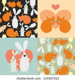 set of foxes and rabbits seamless patterns